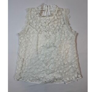 Romantic Coquette Floral Lace Sleeveless High Neck Blouse Women Ivory White